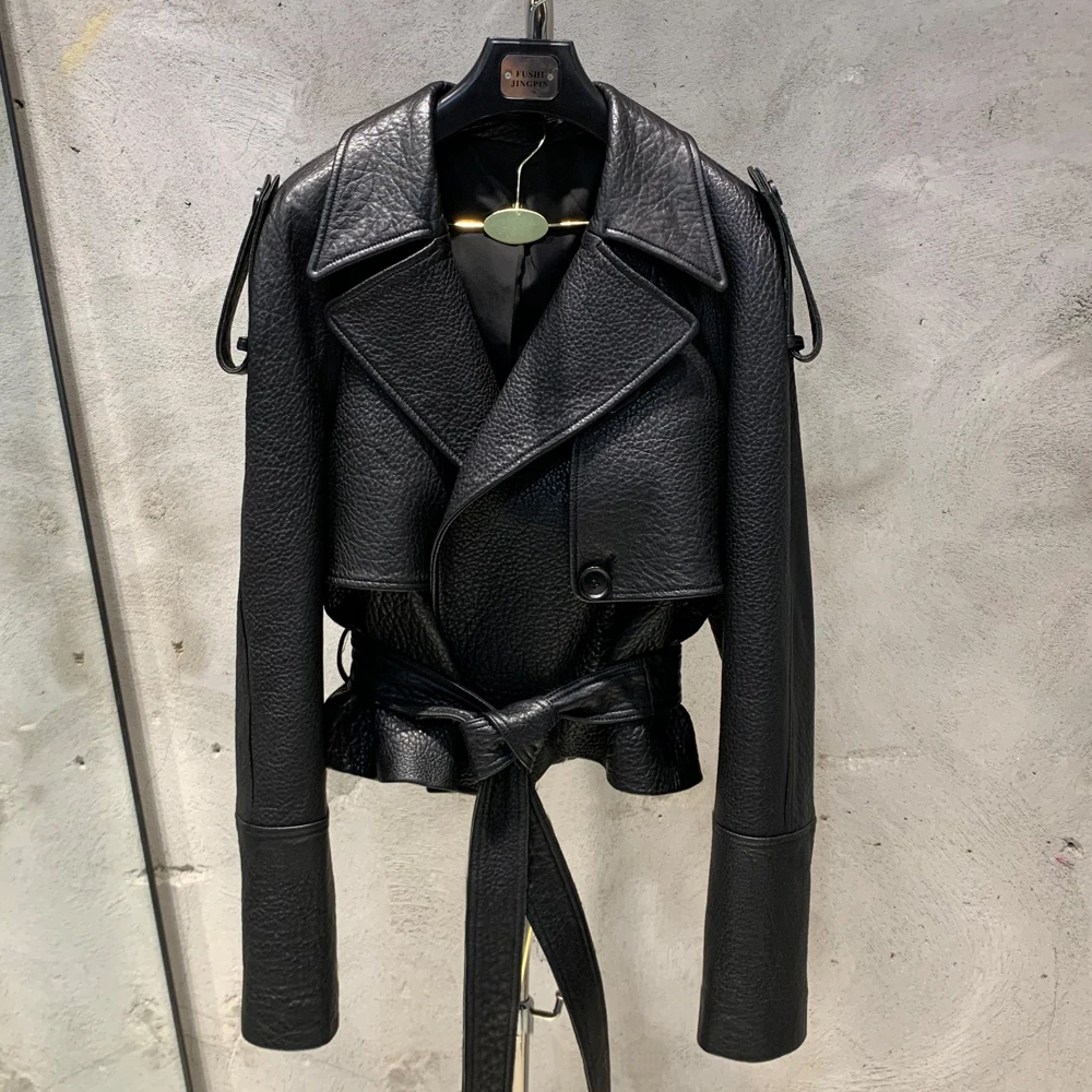Women Casul Leather Jackets Short Windbreak Design Genuine Grained Sheep Leather Coats Lady