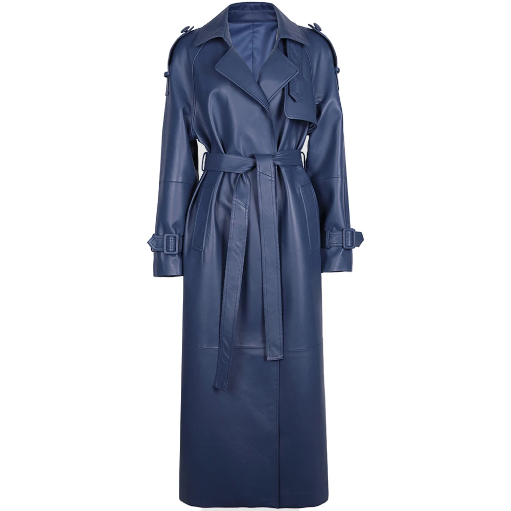 YOLOAgain Women's Real Leather Trench Coat Long High Quality Windbreak Oversized