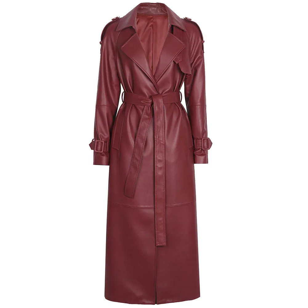 YOLOAgain Women's Real Leather Trench Coat Long High Quality Windbreak Oversized