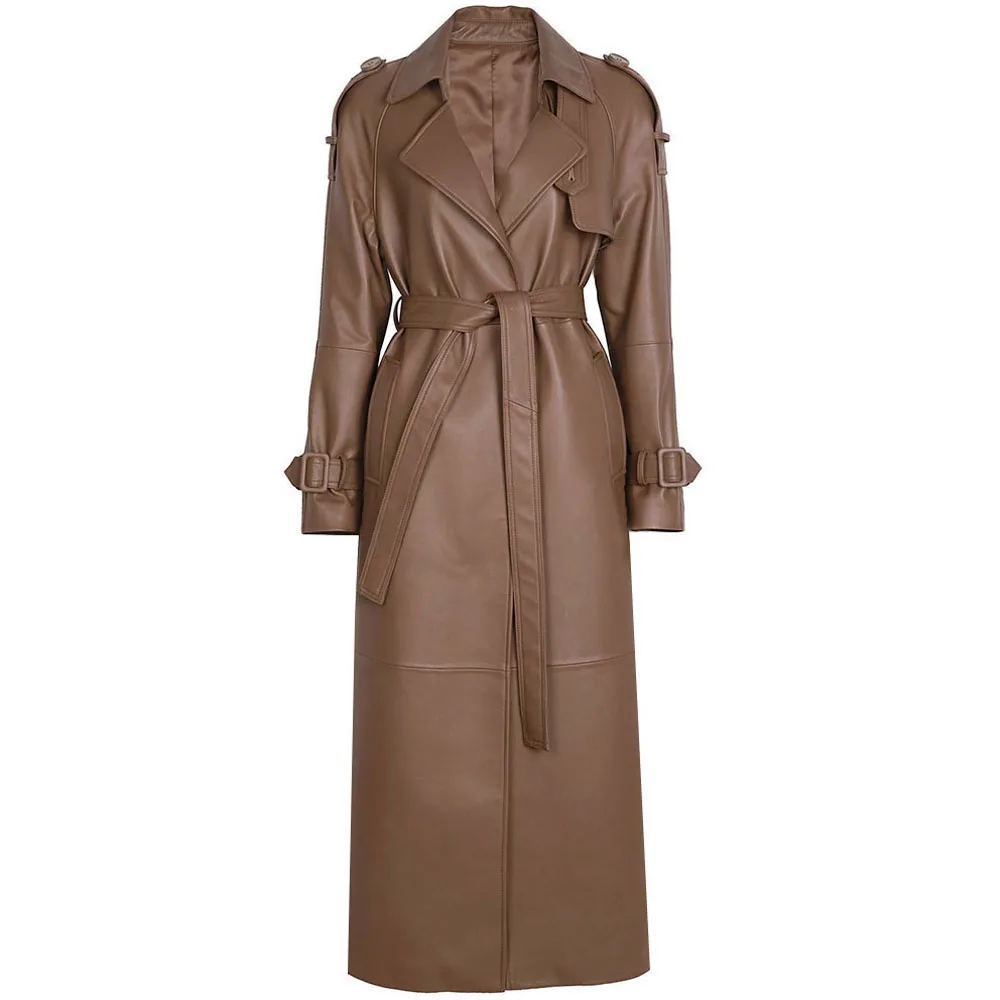 YOLOAgain Women's Real Leather Trench Coat Long High Quality Windbreak Oversized