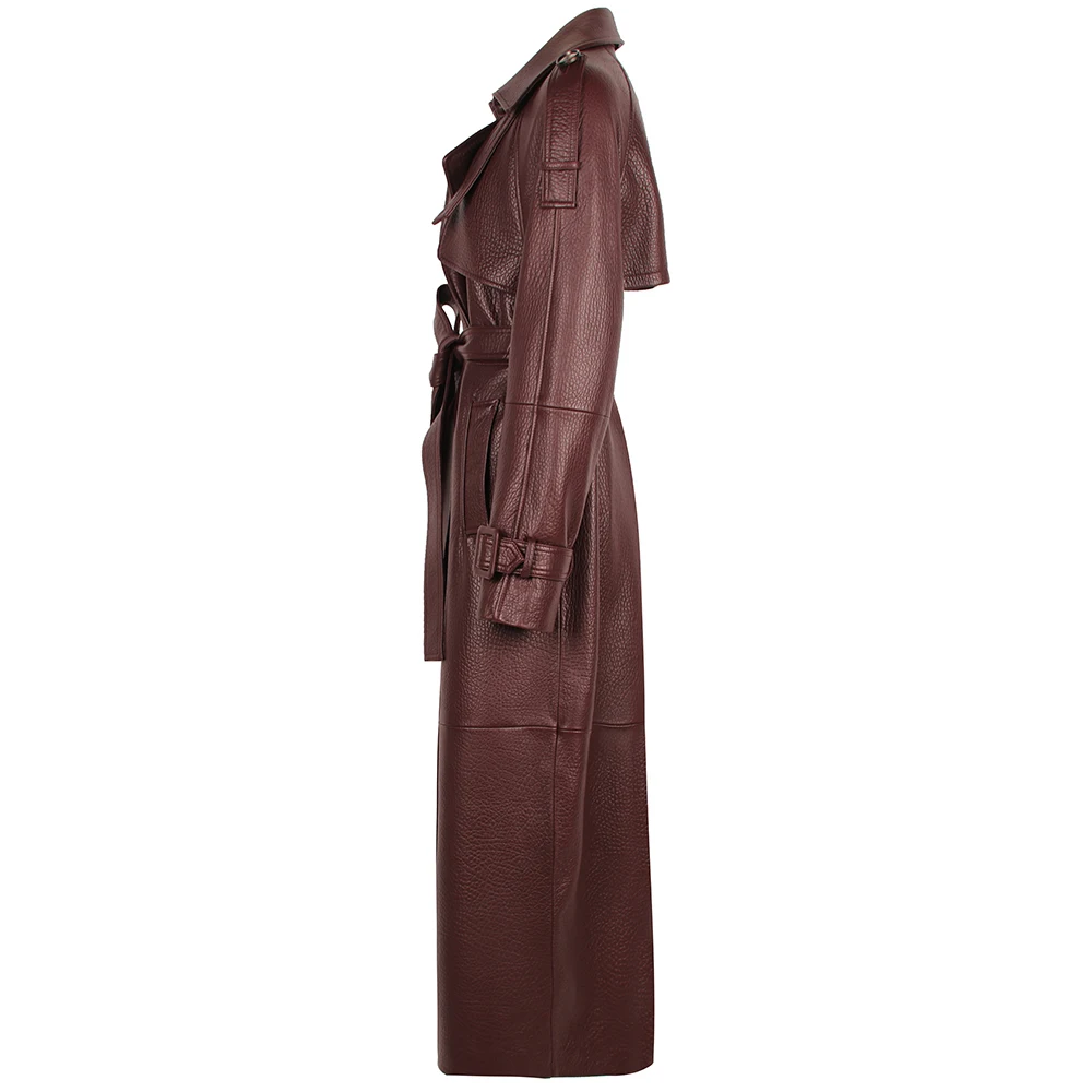 YOLOAgain Women's Real Leather Trench Coat Long High Quality Windbreak Oversized