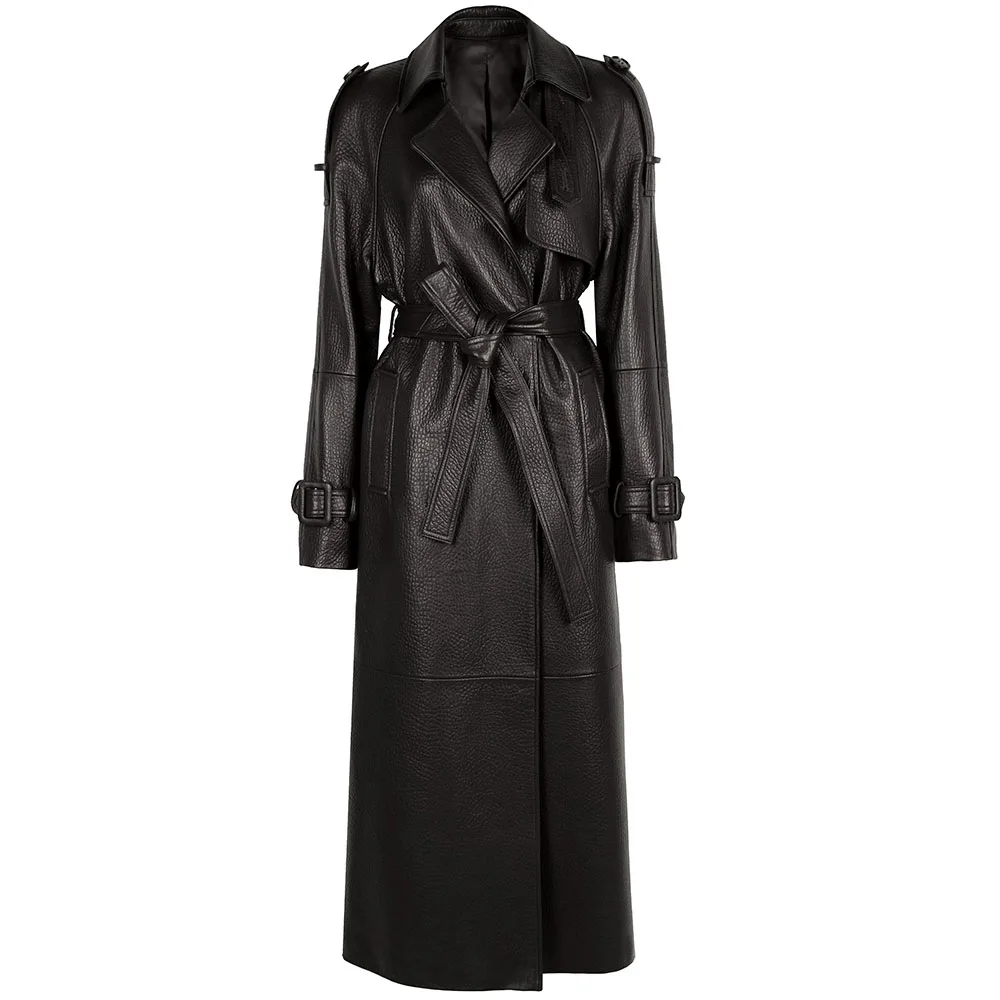 YOLOAgain Women's Real Leather Trench Coat Long High Quality Windbreak Oversized