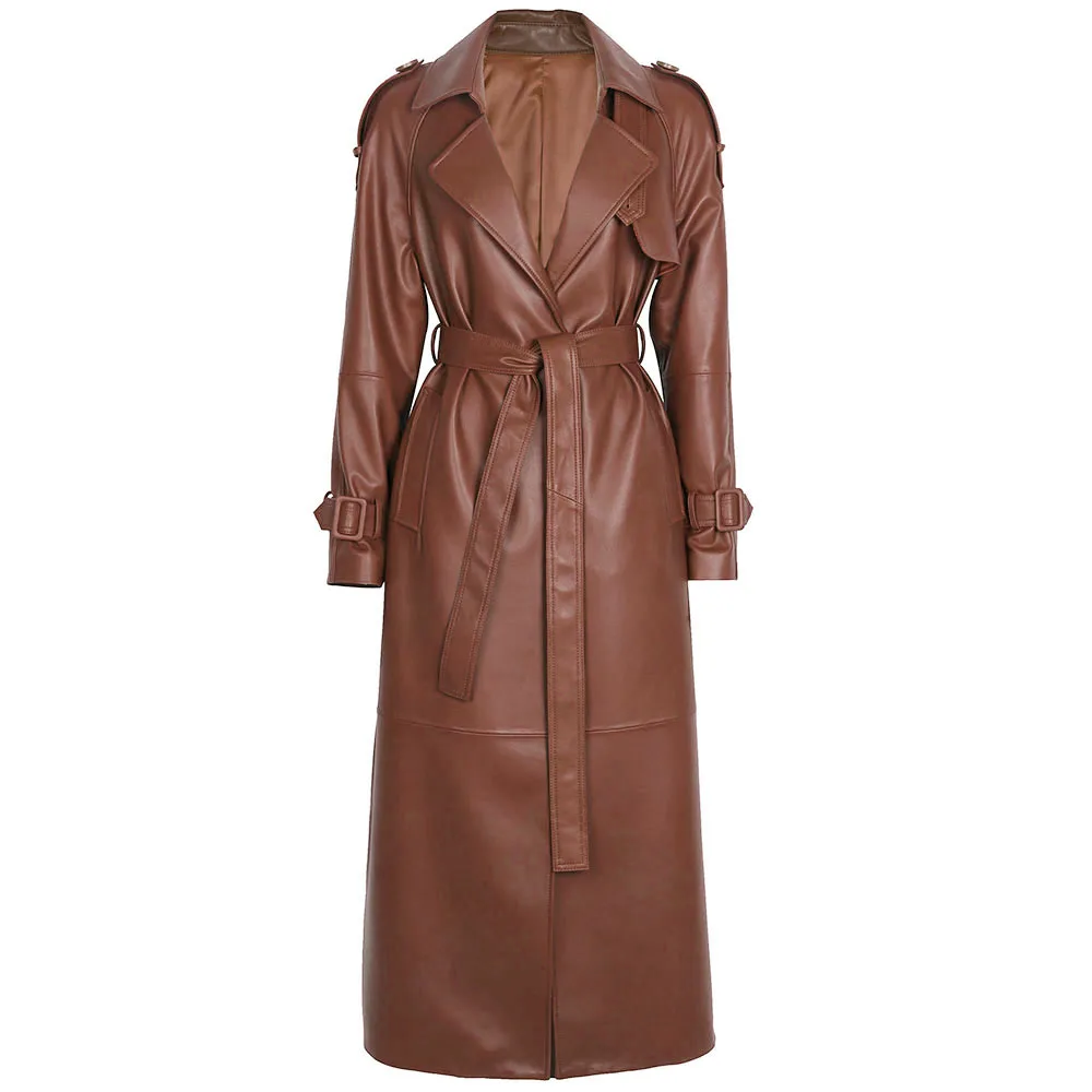 YOLOAgain Women's Real Leather Trench Coat Long High Quality Windbreak Oversized
