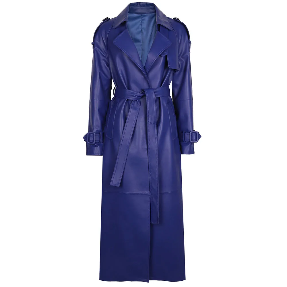YOLOAgain Women's Real Leather Trench Coat Long High Quality Windbreak Oversized