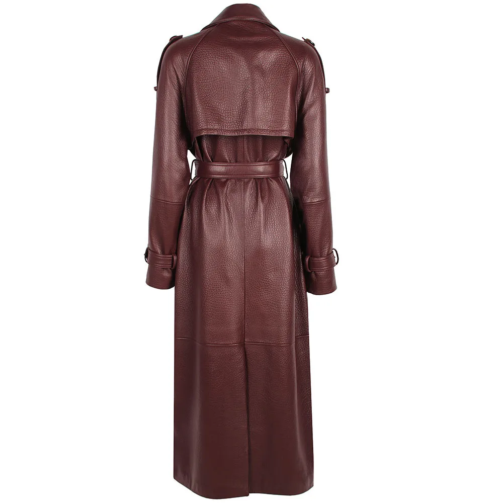 YOLOAgain Women's Real Leather Trench Coat Long High Quality Windbreak Oversized