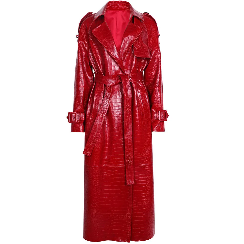 YOLOAgain Women's Real Leather Trench Coat Long High Quality Windbreak Oversized