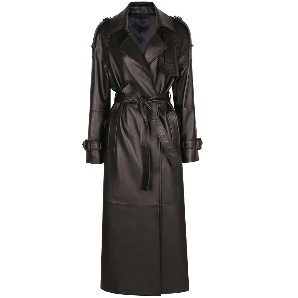 YOLOAgain Women's Real Leather Trench Coat Long High Quality Windbreak Oversized