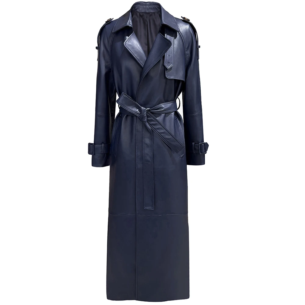 YOLOAgain Women's Real Leather Trench Coat Long High Quality Windbreak Oversized