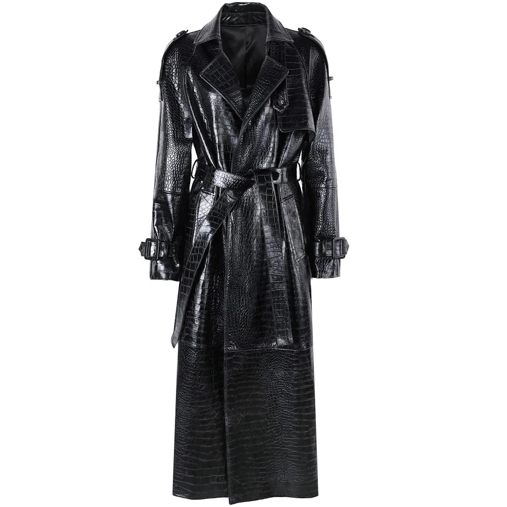 YOLOAgain Women's Real Leather Trench Coat Long High Quality Windbreak Oversized