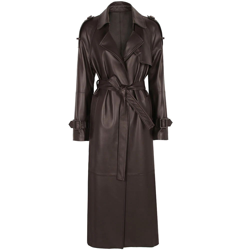 YOLOAgain Women's Real Leather Trench Coat Long High Quality Windbreak Oversized