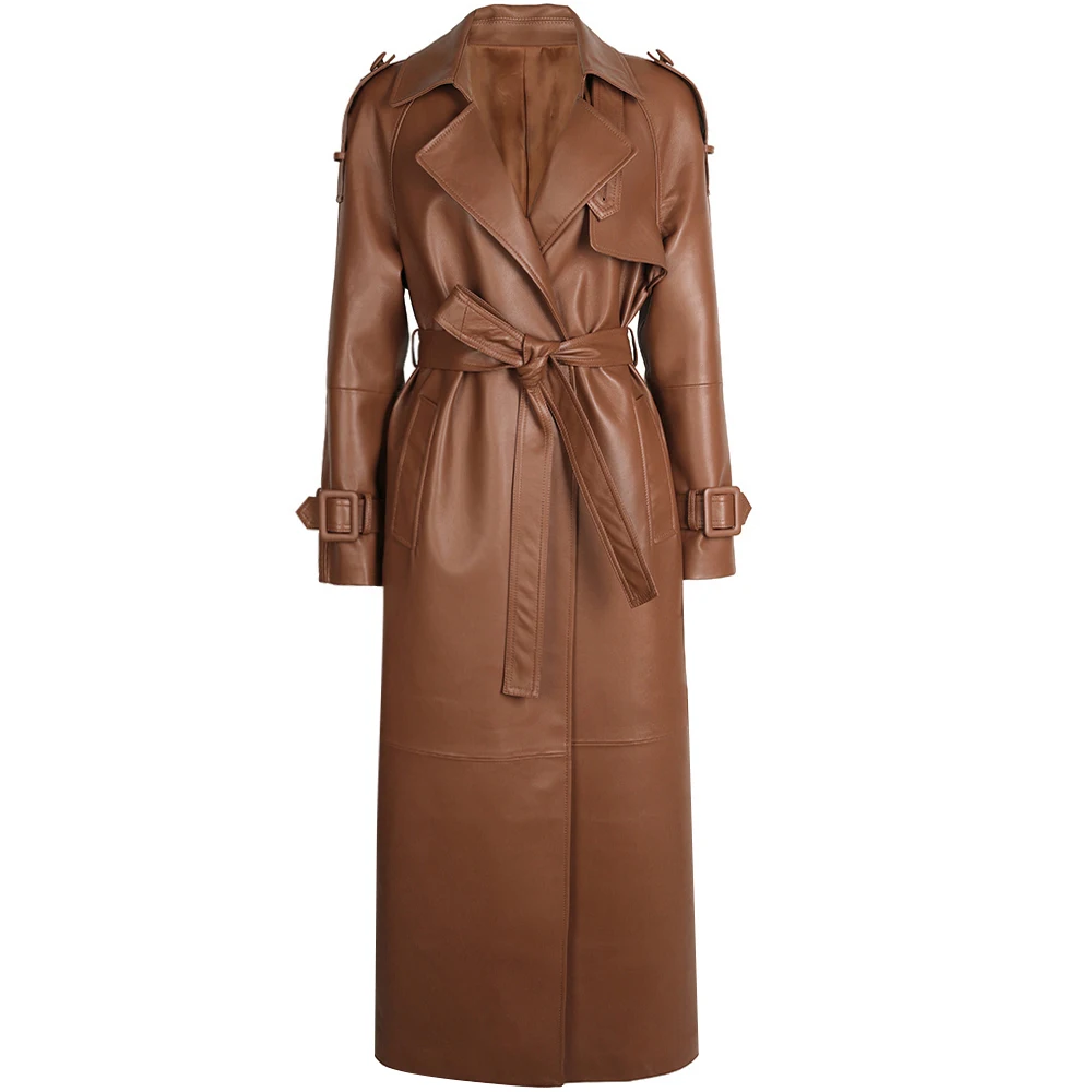 YOLOAgain Women's Real Leather Trench Coat Long High Quality Windbreak Oversized