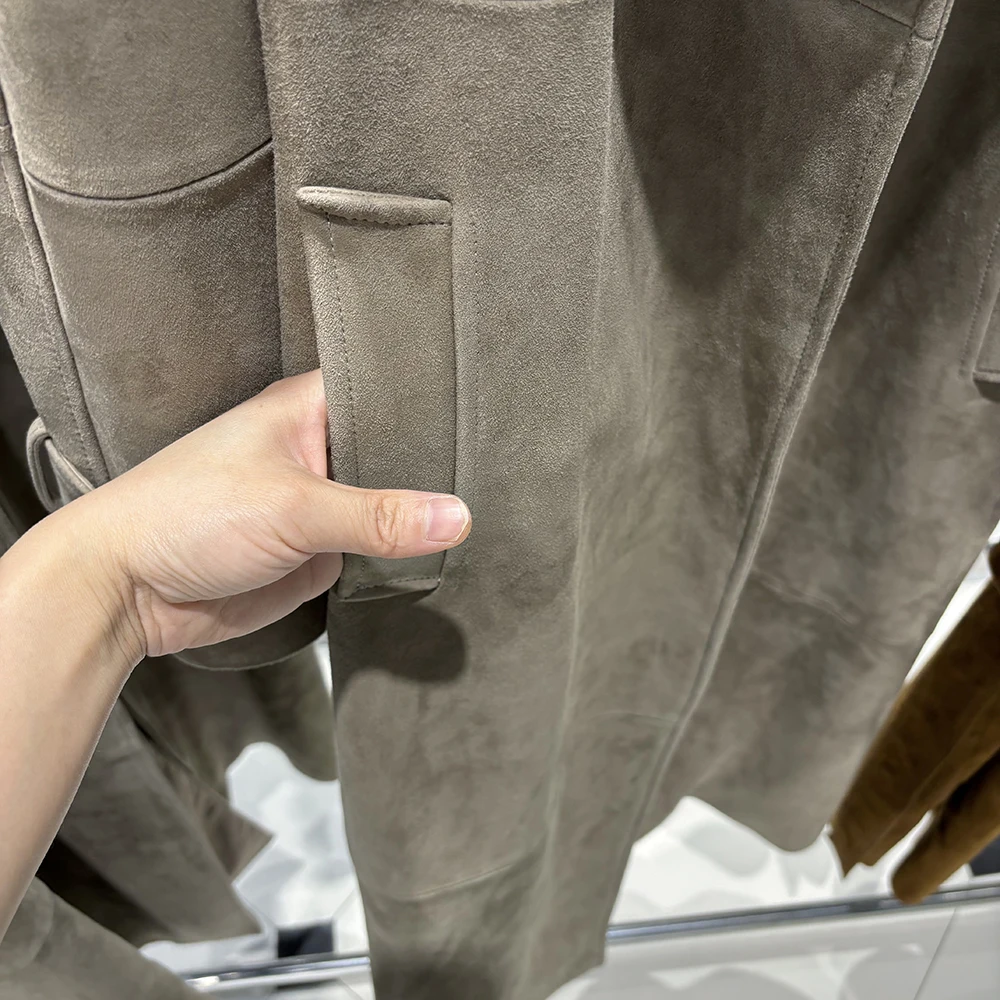 YOLOAgain Women's Real Leather Trench Coat Long High Quality Windbreak Oversized