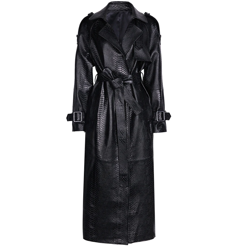 YOLOAgain Women's Real Leather Trench Coat Long High Quality Windbreak Oversized