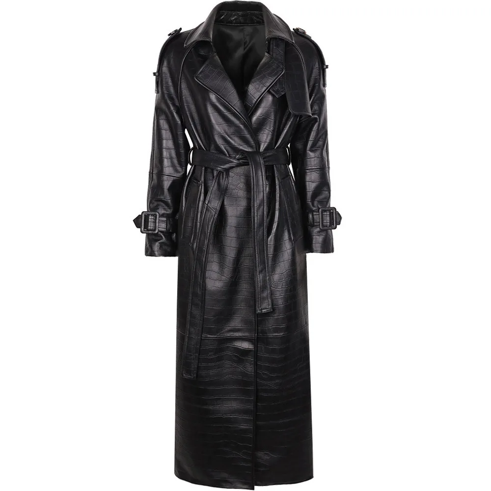 YOLOAgain Women's Real Leather Trench Coat Long High Quality Windbreak Oversized