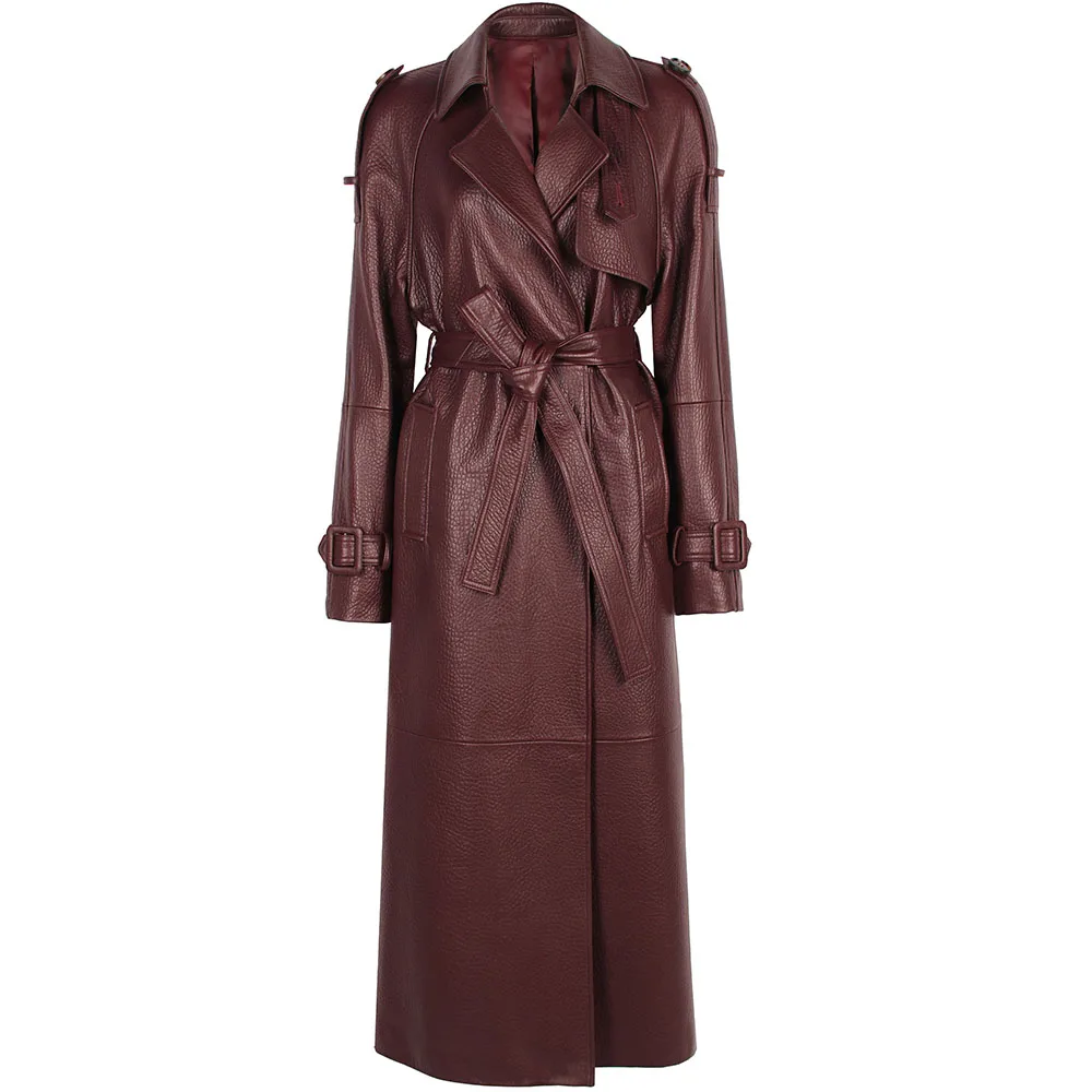 YOLOAgain Women's Real Leather Trench Coat Long High Quality Windbreak Oversized