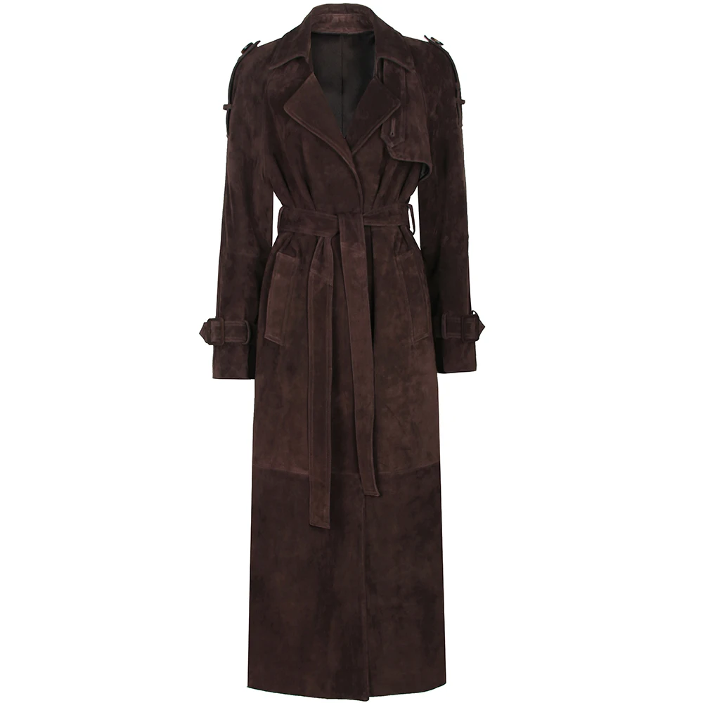 YOLOAgain Women's Real Leather Trench Coat Long High Quality Windbreak Oversized