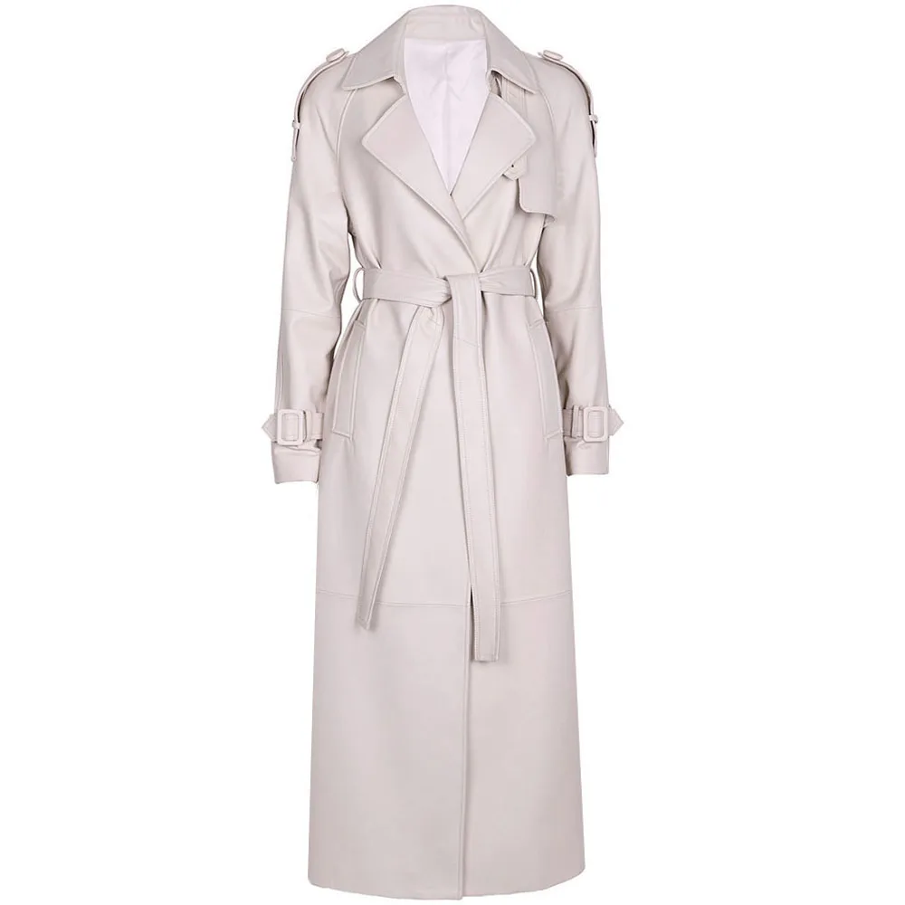 YOLOAgain Women's Real Leather Trench Coat Long High Quality Windbreak Oversized