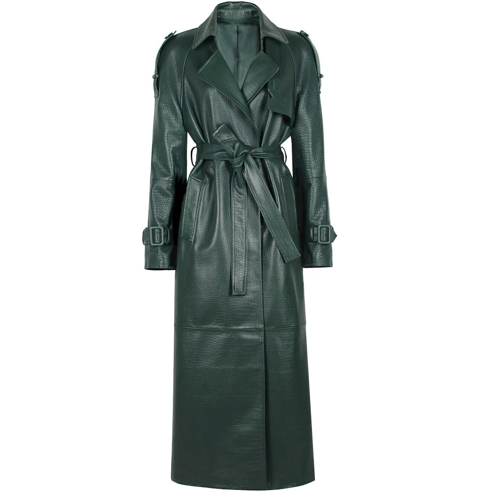 YOLOAgain Women's Real Leather Trench Coat Long High Quality Windbreak Oversized