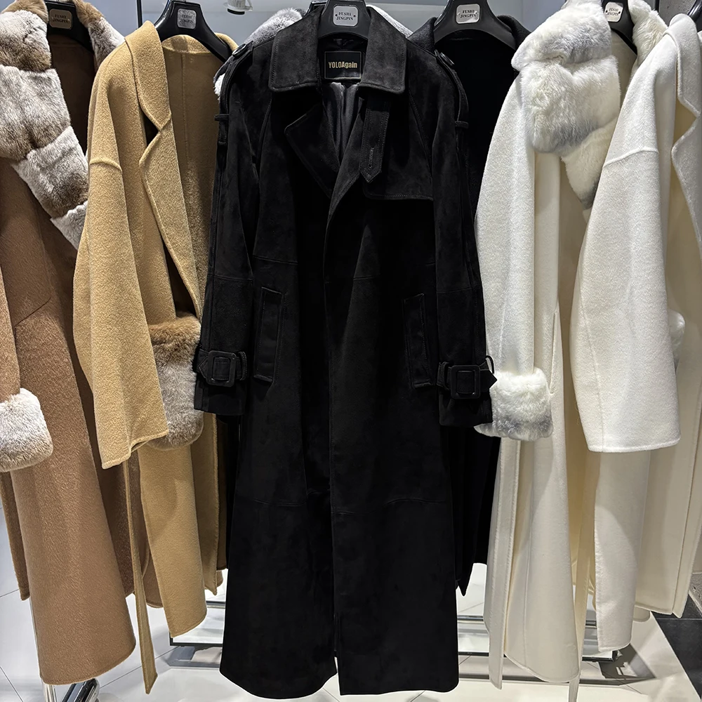 YOLOAgain Women's Real Leather Trench Coat Long High Quality Windbreak Oversized