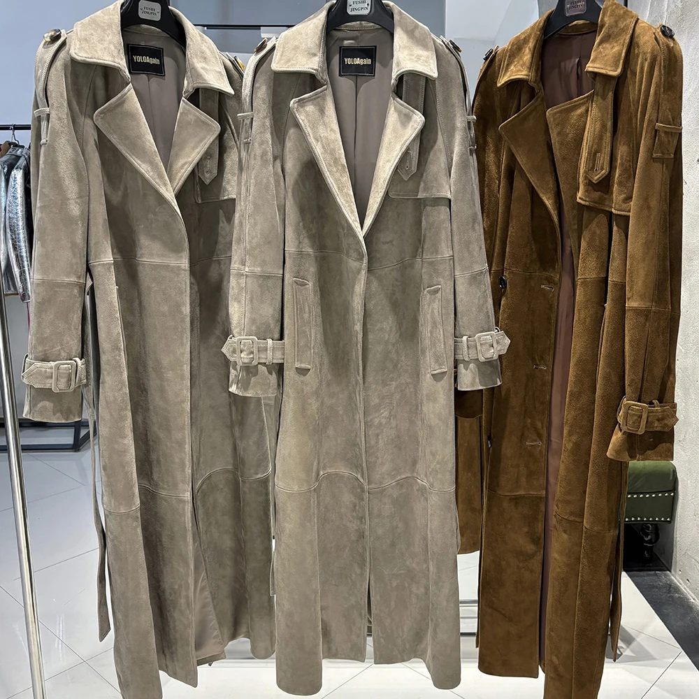 YOLOAgain Women's Real Leather Trench Coat Long High Quality Windbreak Oversized