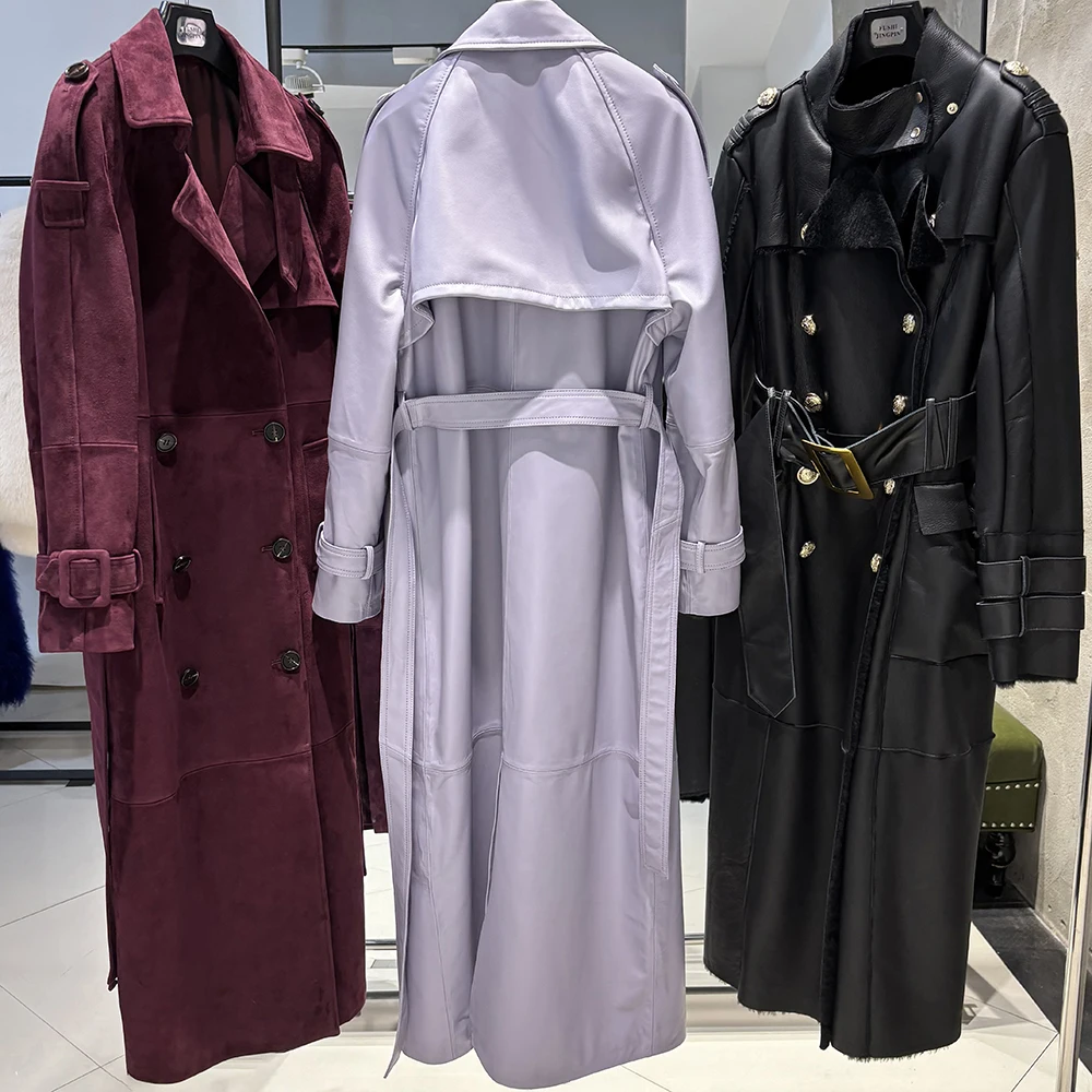 YOLOAgain Women's Real Leather Trench Coat Long High Quality Windbreak Oversized