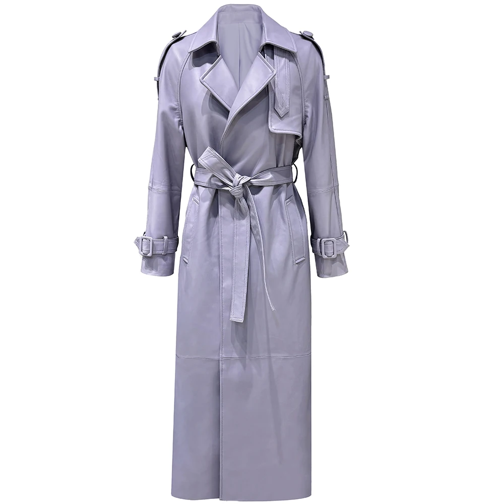 YOLOAgain Women's Real Leather Trench Coat Long High Quality Windbreak Oversized