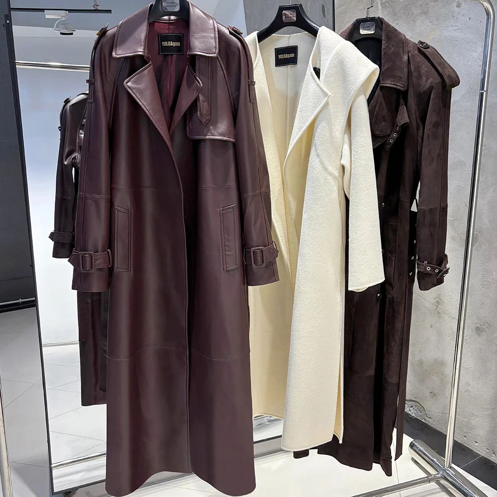 YOLOAgain Women's Real Leather Trench Coat Long High Quality Windbreak Oversized