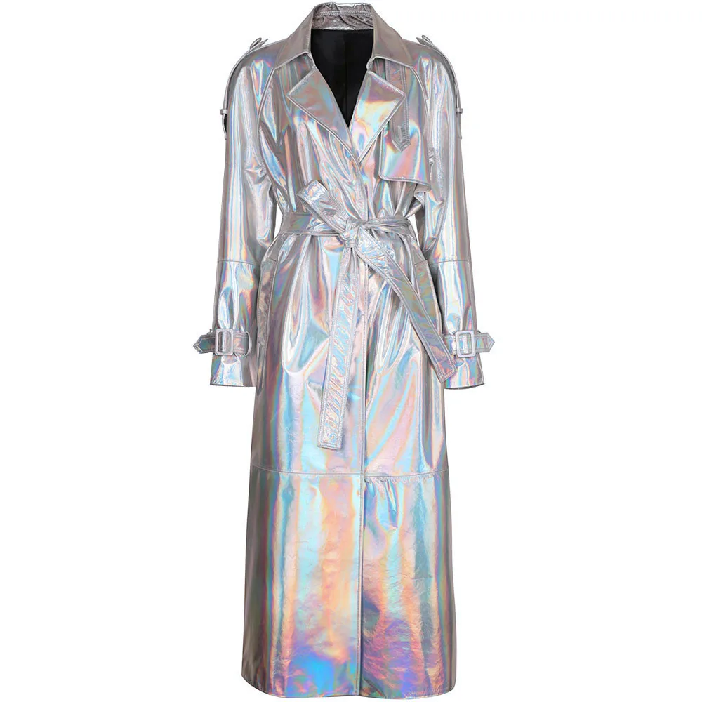 YOLOAgain Women's Real Leather Trench Coat Long High Quality Windbreak Oversized