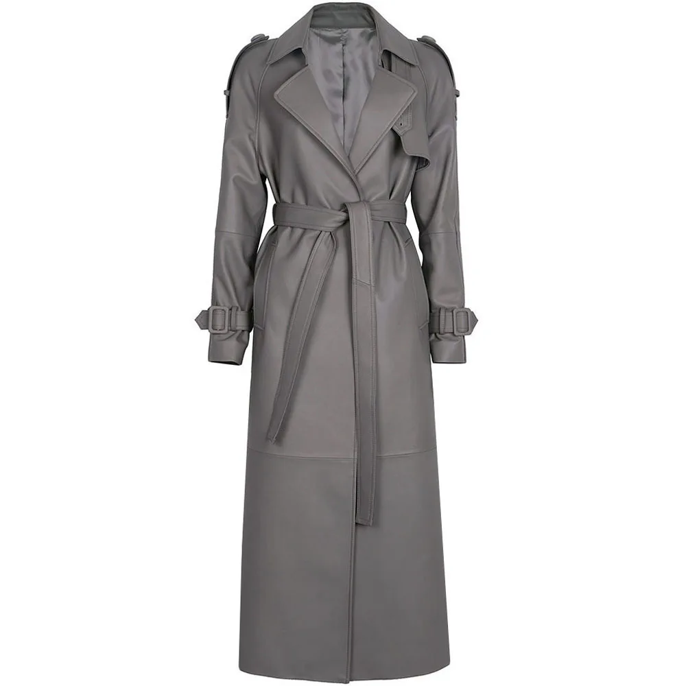 YOLOAgain Women's Real Leather Trench Coat Long High Quality Windbreak Oversized