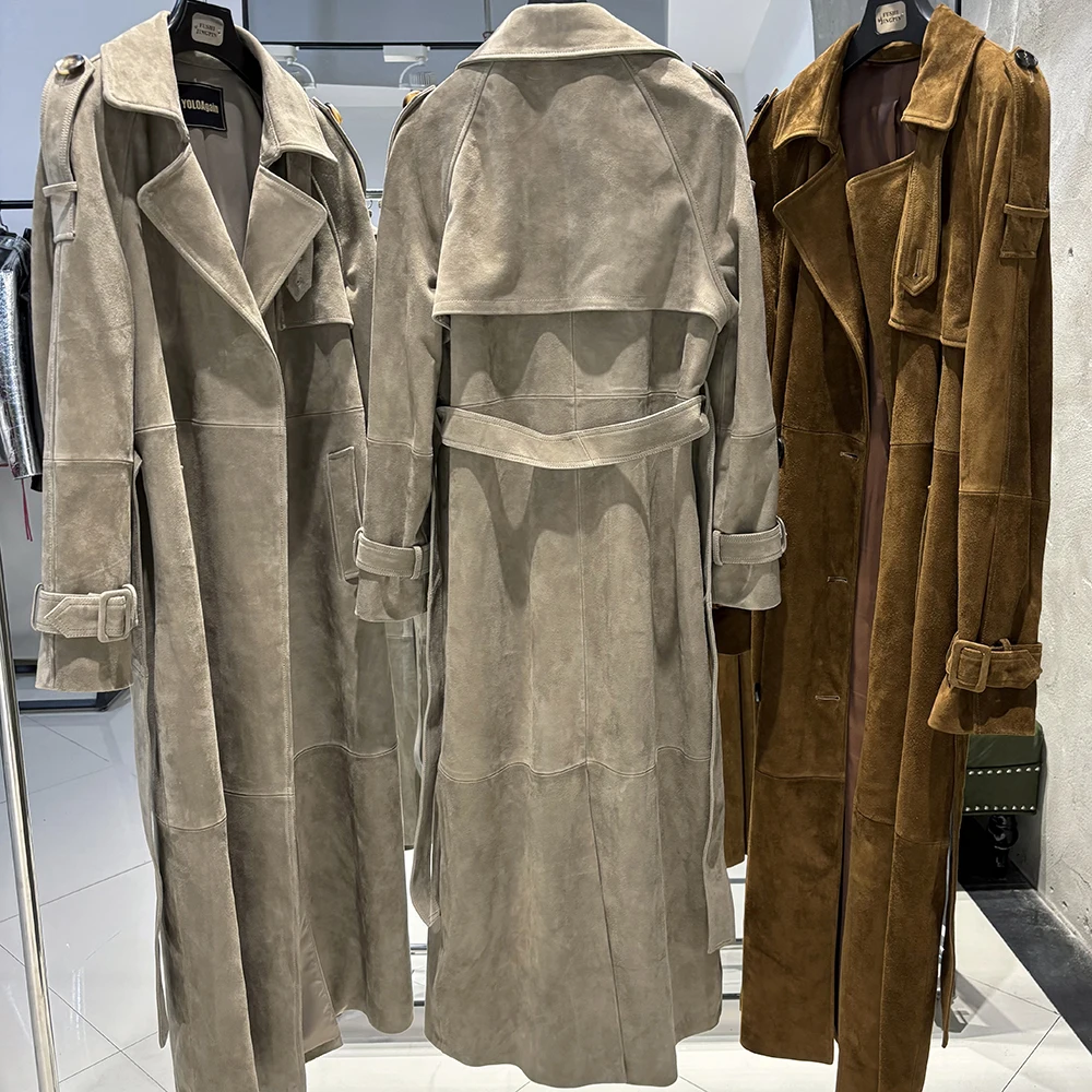 YOLOAgain Women's Real Leather Trench Coat Long High Quality Windbreak Oversized