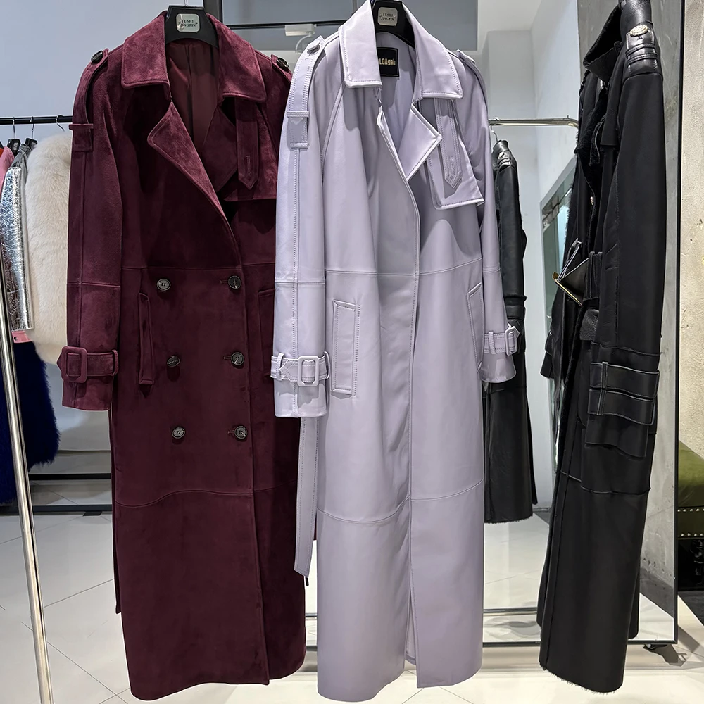 YOLOAgain Women's Real Leather Trench Coat Long High Quality Windbreak Oversized