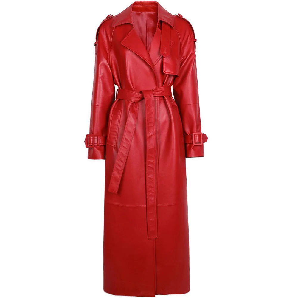 YOLOAgain Women's Real Leather Trench Coat Long High Quality Windbreak Oversized