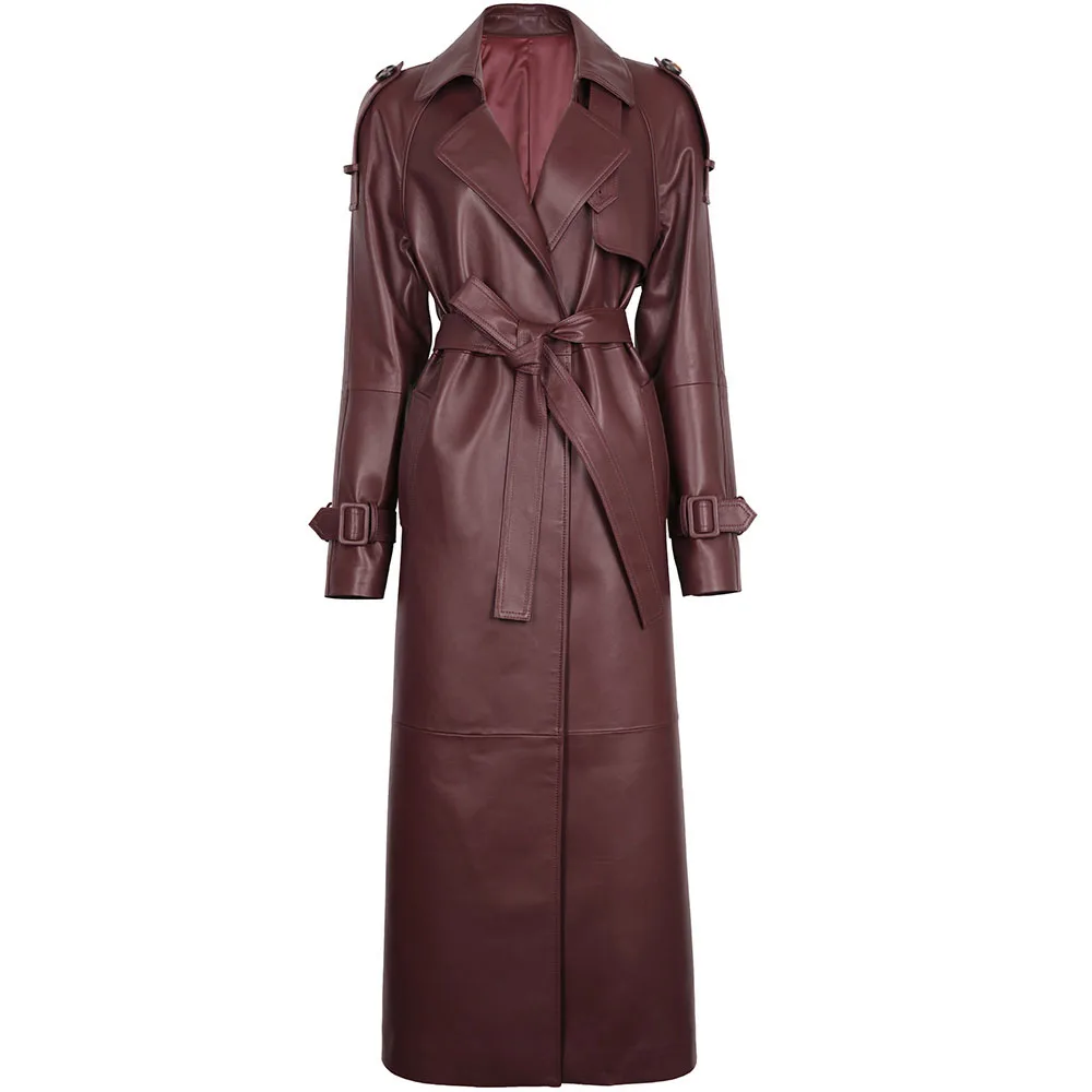 YOLOAgain Women's Real Leather Trench Coat Long High Quality Windbreak Oversized