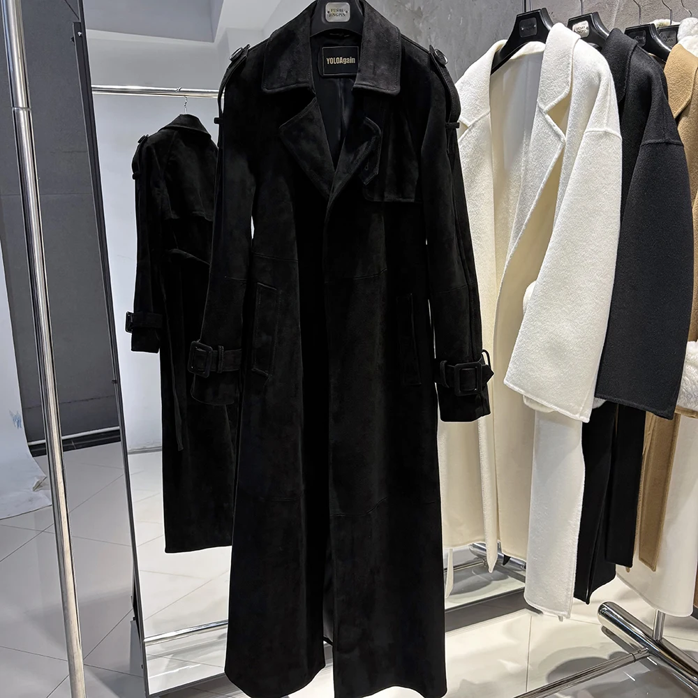 YOLOAgain Women's Real Leather Trench Coat Long High Quality Windbreak Oversized