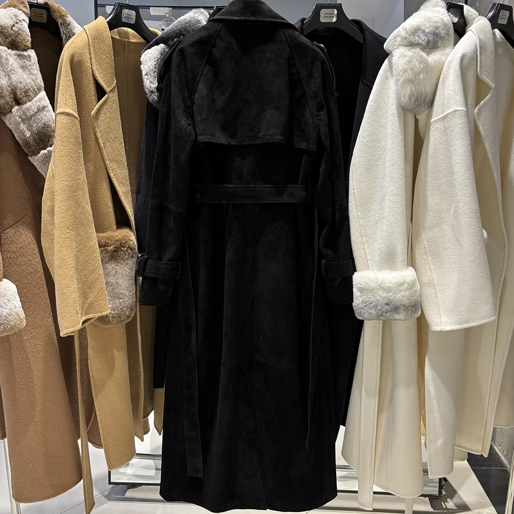 YOLOAgain Women's Real Leather Trench Coat Long High Quality Windbreak Oversized