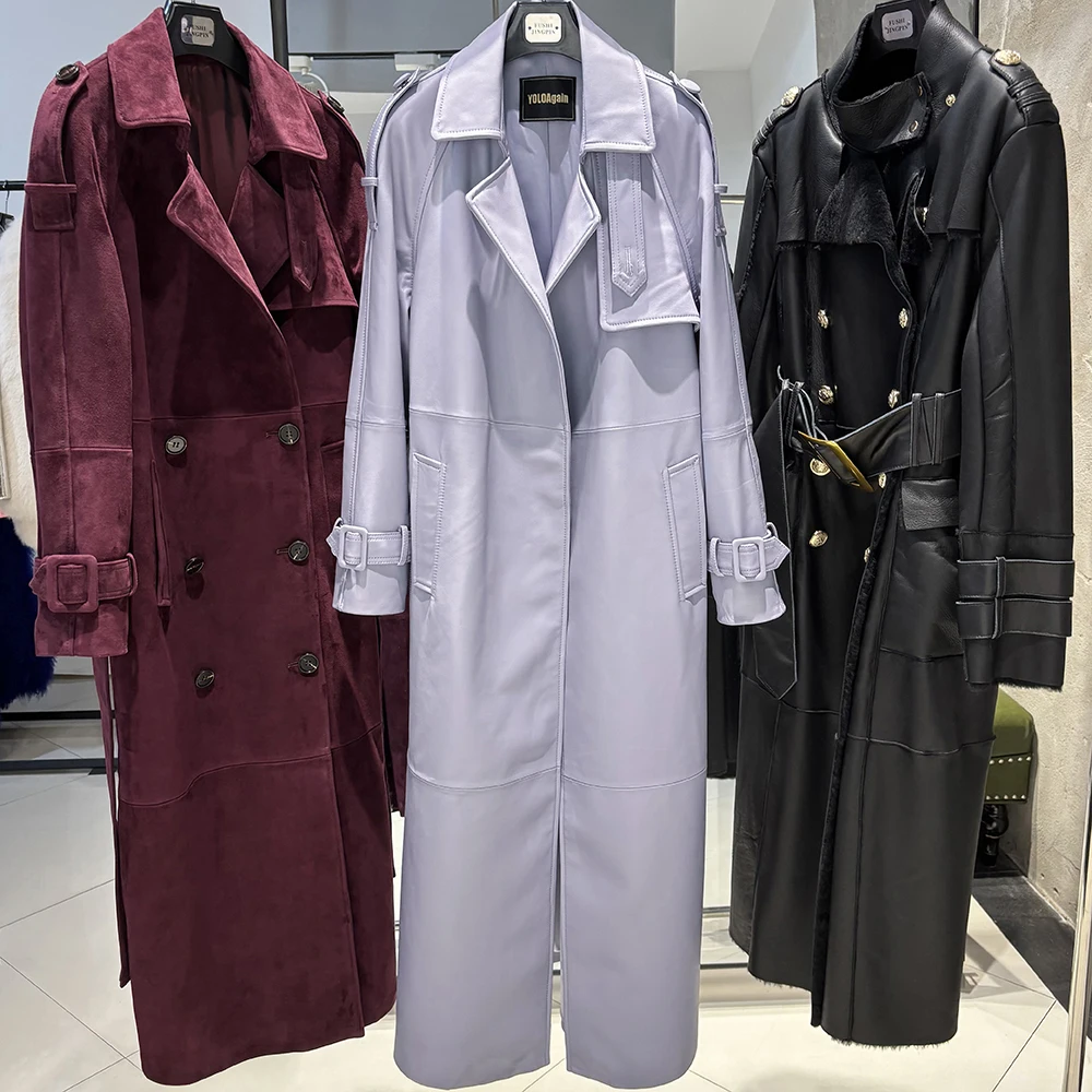 YOLOAgain Women's Real Leather Trench Coat Long High Quality Windbreak Oversized