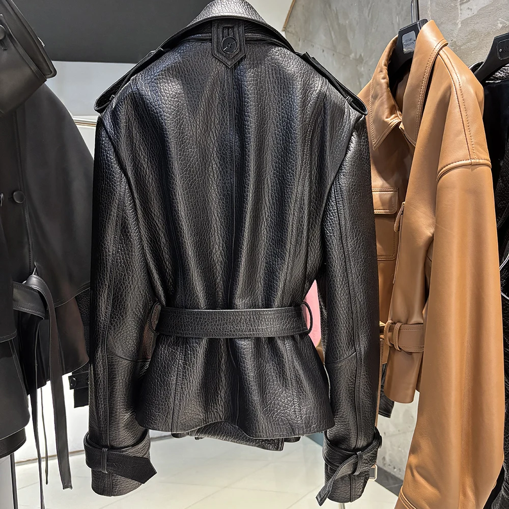 YOLOAgain Black Real Leather Jacket Women Genuine Leather Coat With Belt