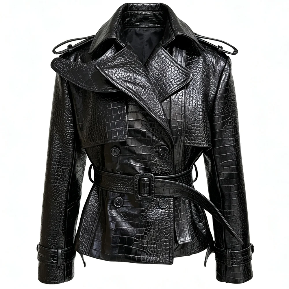 YOLOAgain Black Real Leather Jacket Women Genuine Leather Coat With Belt