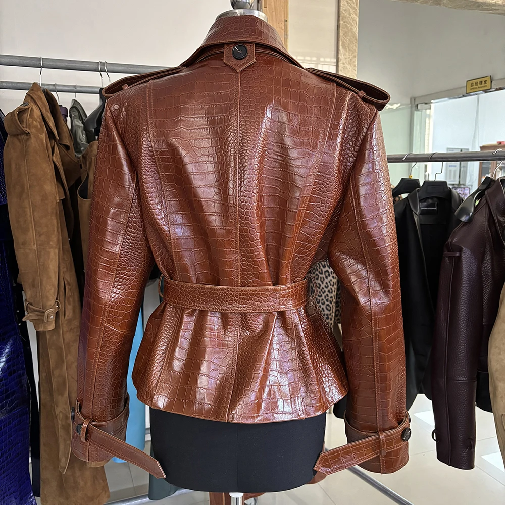 YOLOAgain Black Real Leather Jacket Women Genuine Leather Coat With Belt