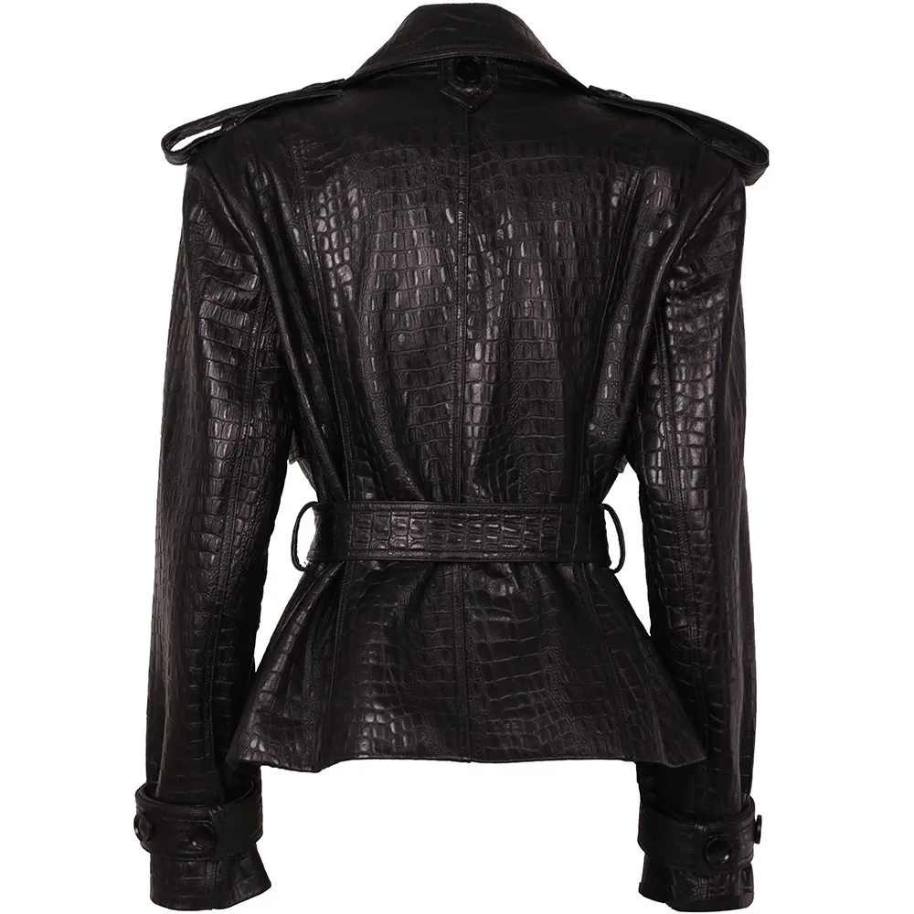 YOLOAgain Black Real Leather Jacket Women Genuine Leather Coat With Belt