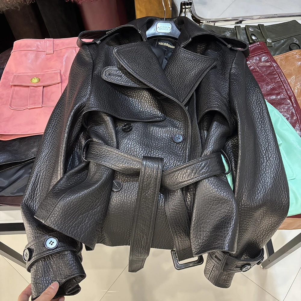 YOLOAgain Black Real Leather Jacket Women Genuine Leather Coat With Belt