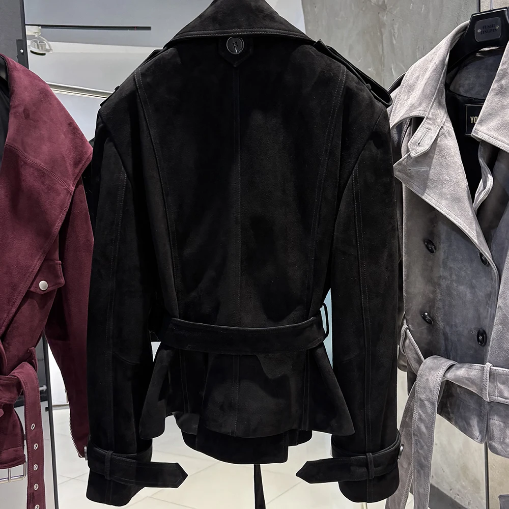 YOLOAgain Black Real Leather Jacket Women Genuine Leather Coat With Belt