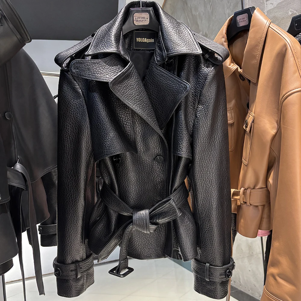 YOLOAgain Black Real Leather Jacket Women Genuine Leather Coat With Belt