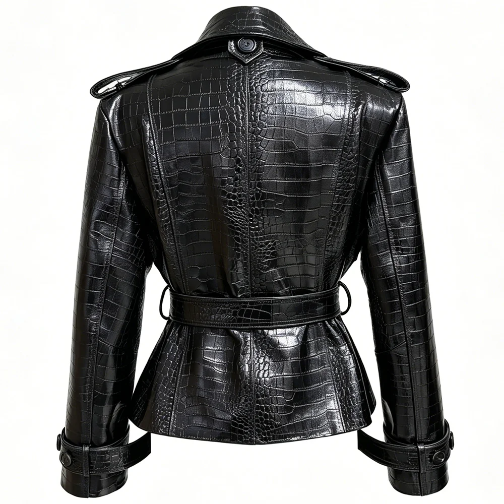 YOLOAgain Black Real Leather Jacket Women Genuine Leather Coat With Belt
