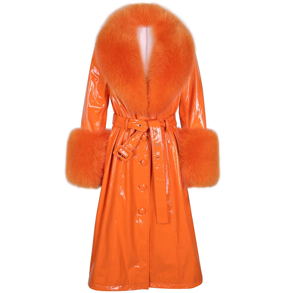 YOLOAgain Women's Detachable Real Fox Fur Collar Cuffs Genuine Leather Jacket Coat Long Women