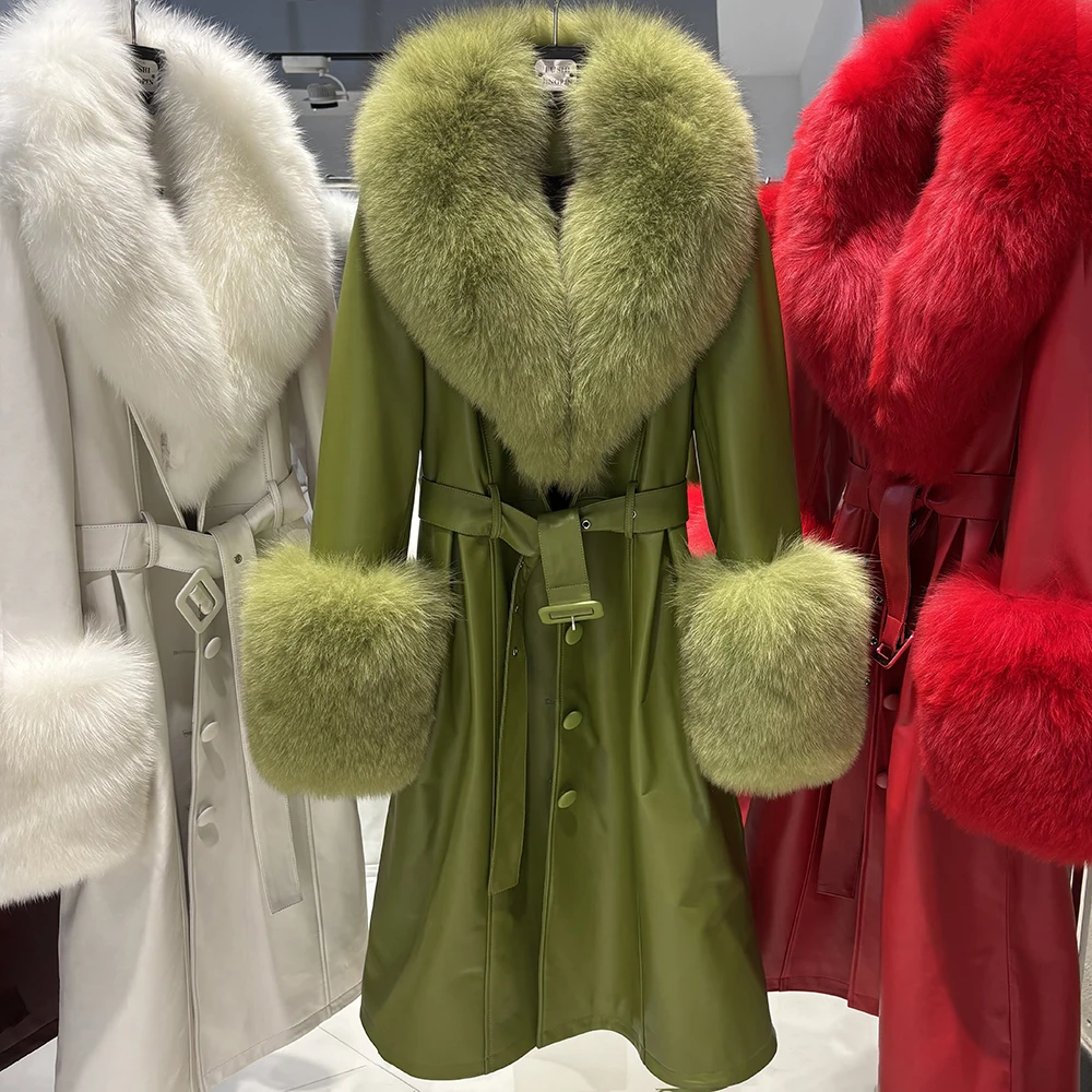 YOLOAgain Women's Detachable Real Fox Fur Collar Cuffs Genuine Leather Jacket Coat Long Women