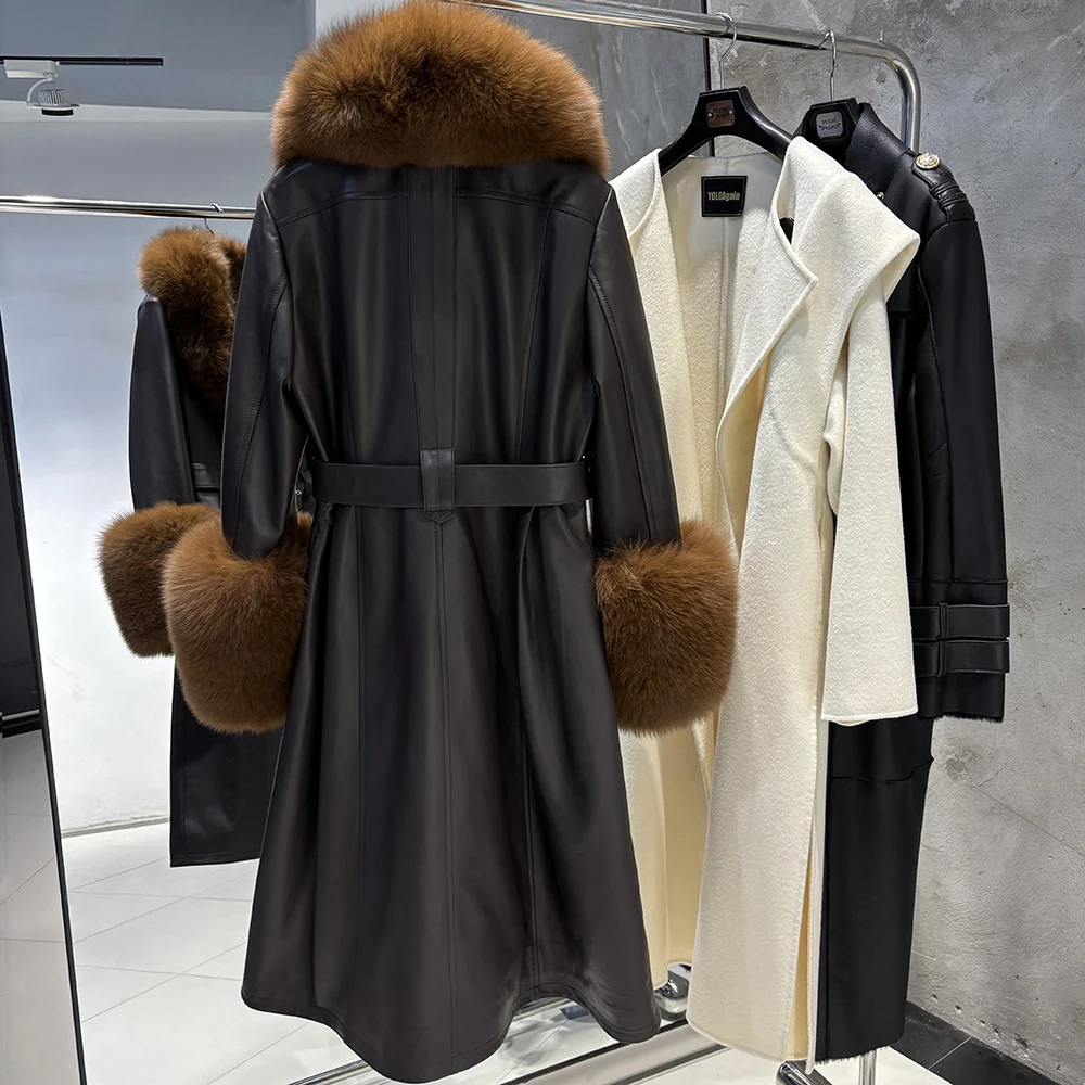 YOLOAgain Women's Detachable Real Fox Fur Collar Cuffs Genuine Leather Jacket Coat Long Women
