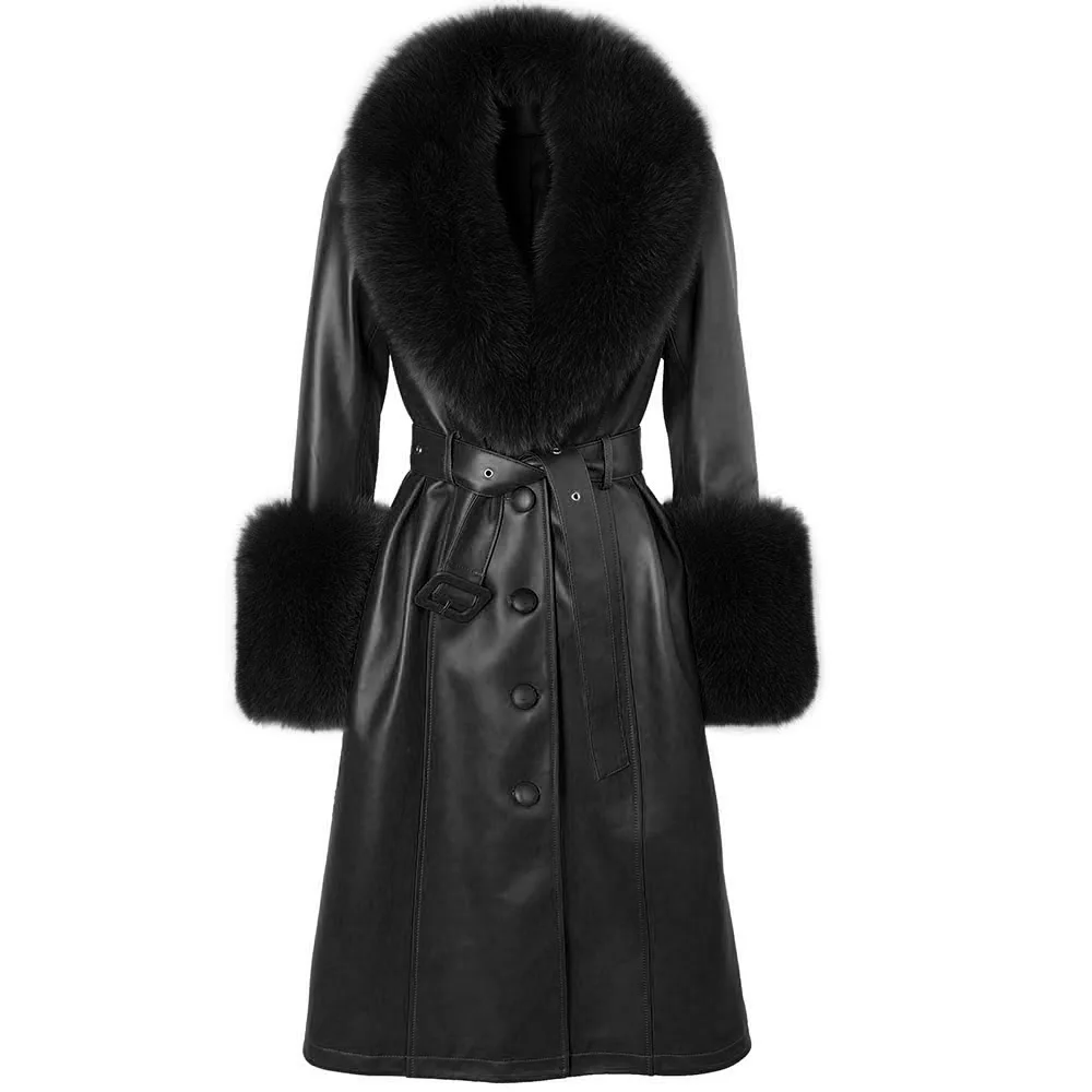 YOLOAgain Women's Detachable Real Fox Fur Collar Cuffs Genuine Leather Jacket Coat Long Women