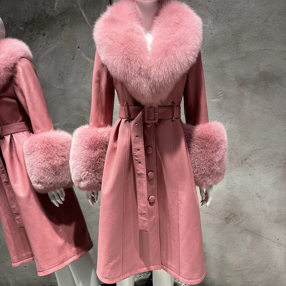 YOLOAgain Women's Detachable Real Fox Fur Collar Cuffs Genuine Leather Jacket Coat Long Women