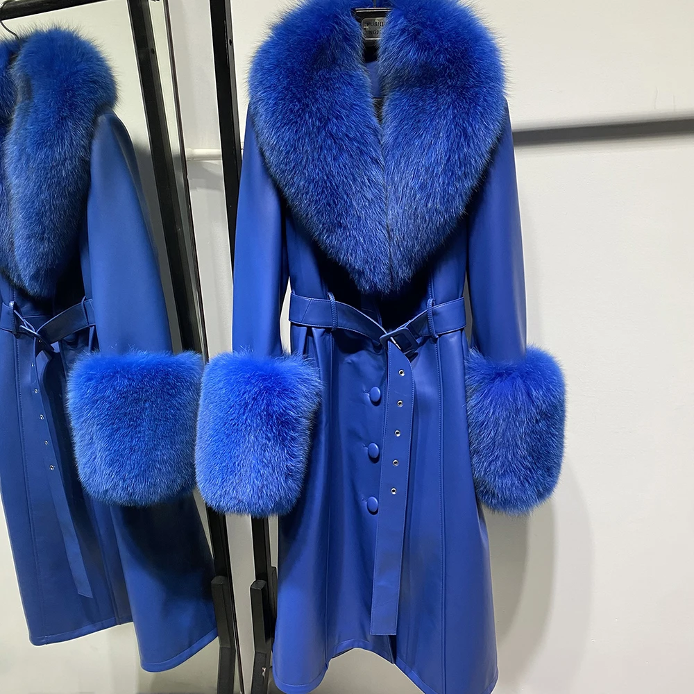 YOLOAgain Women's Detachable Real Fox Fur Collar Cuffs Genuine Leather Jacket Coat Long Women